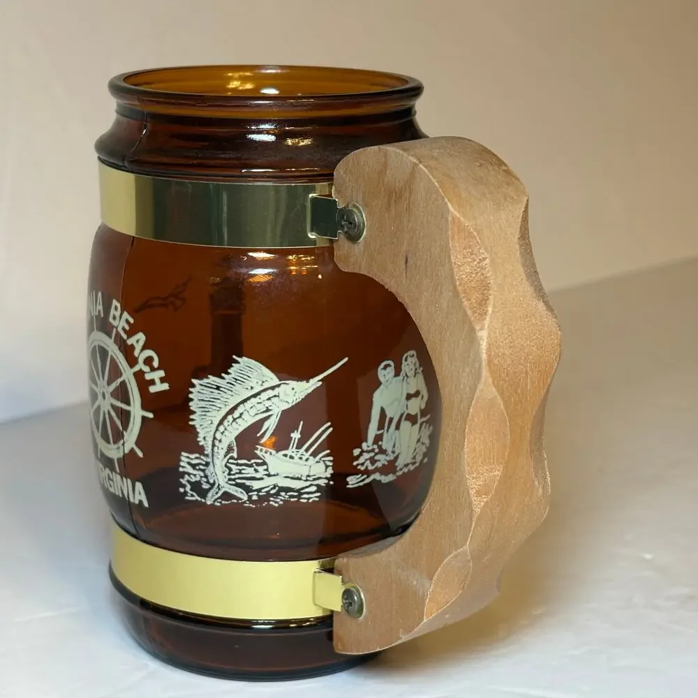 Vintage Virginia Beach VA Souvenir Brown Glass Barrel Mug Wood Handle